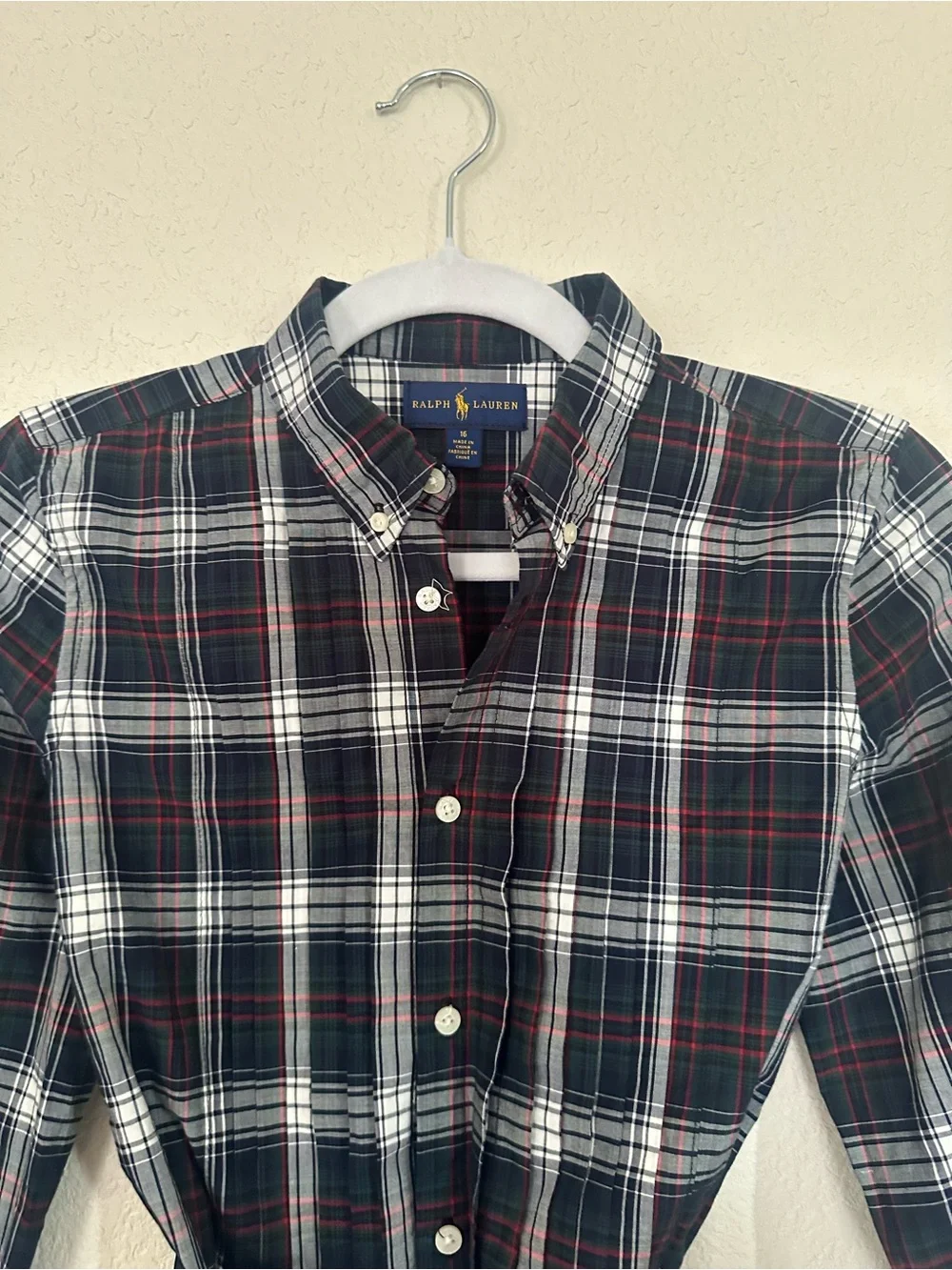Ralph Lauren Girls Plaid Shirt Dress Long Sleeve Belted Navy/Green/Red Size 16